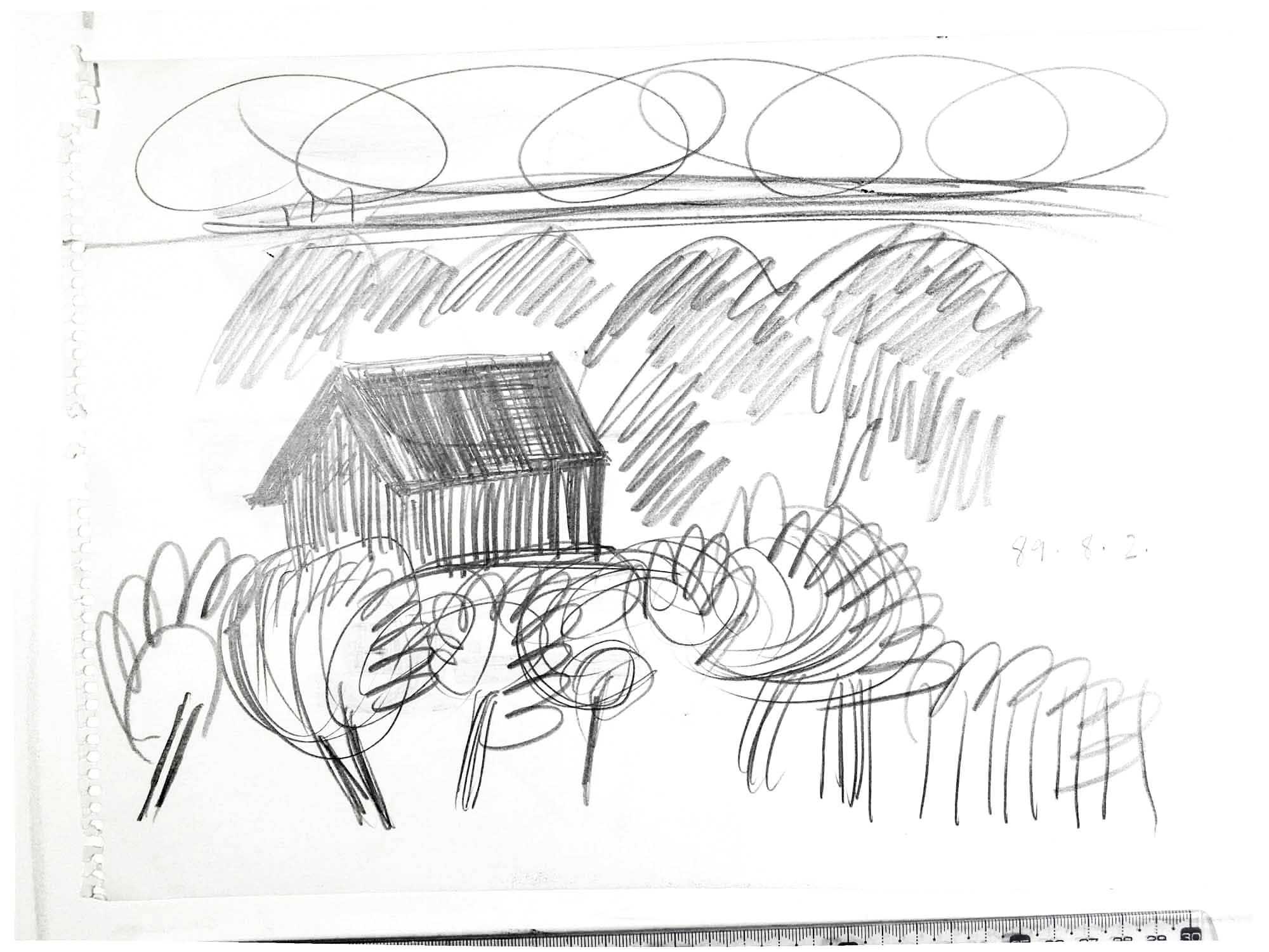 Closeup of folds at the bottom of a draped textile item, that show a knitted 
black and white wood grain pattern