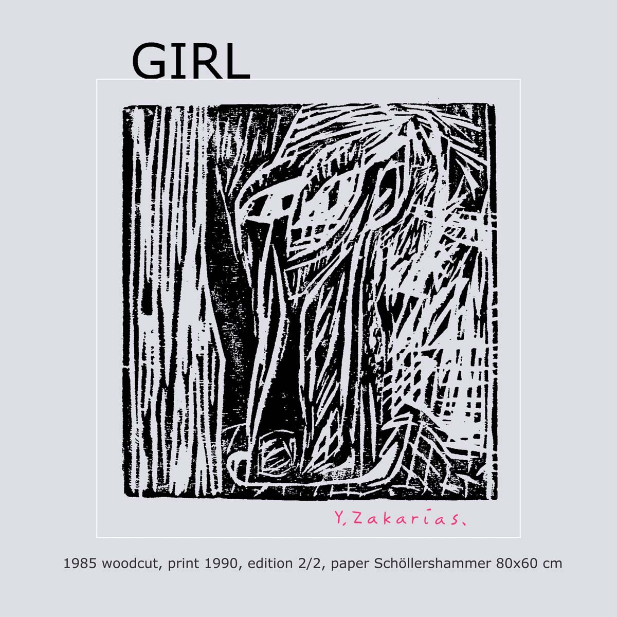 Woodcut titled GIRL consisting of many clear white lines on black, 
condensing to the likeness of a portrait