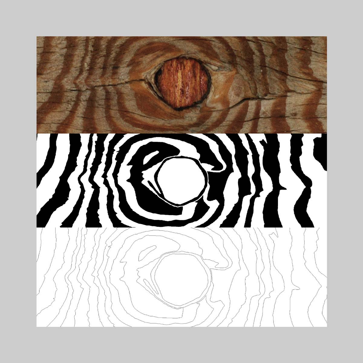 Sequence of 3 stages in the extraction of border lines of a wood surface pattern, 
full colour top, thin lines bottom